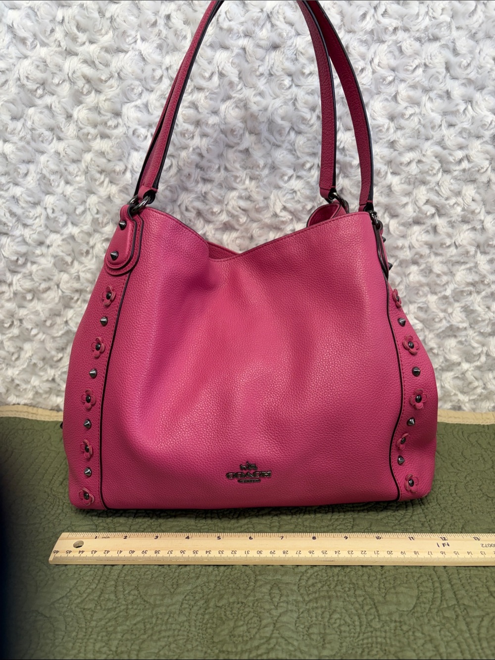 Coach Edie 31 Pebbled Leather Shoulder Bag in Hot Pink tea rose rivets